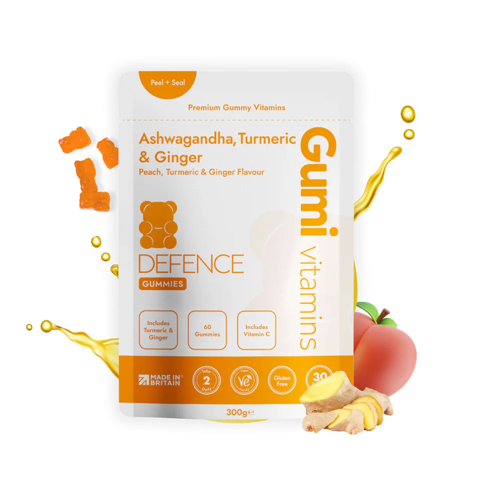 Gumi Vitamins Defence Ashwagandha, turmeric and ginger ingredients and benefits information graphic