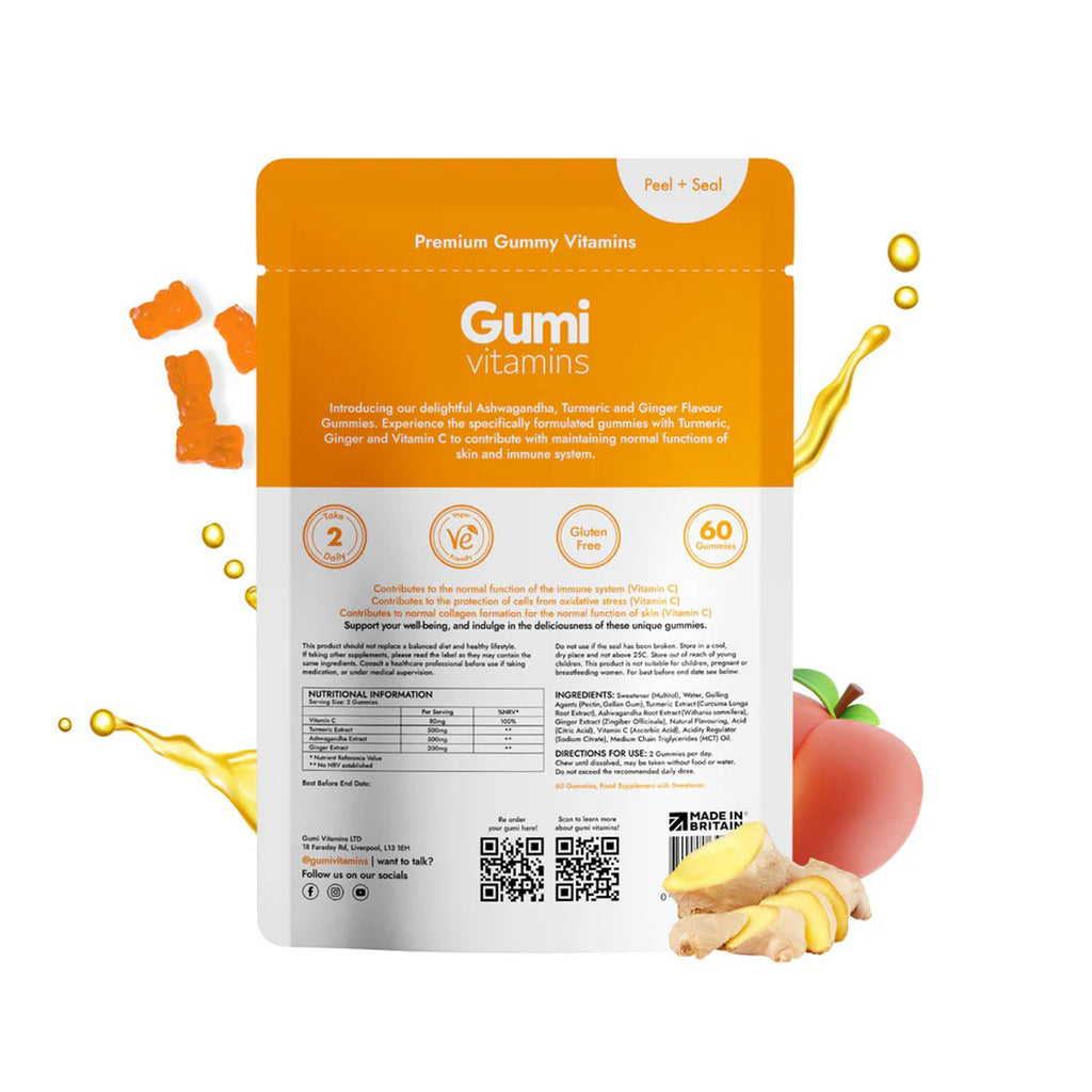 Gumi Vitamins Defence Ashwagandha, turmeric and ginger gummies product features graphic