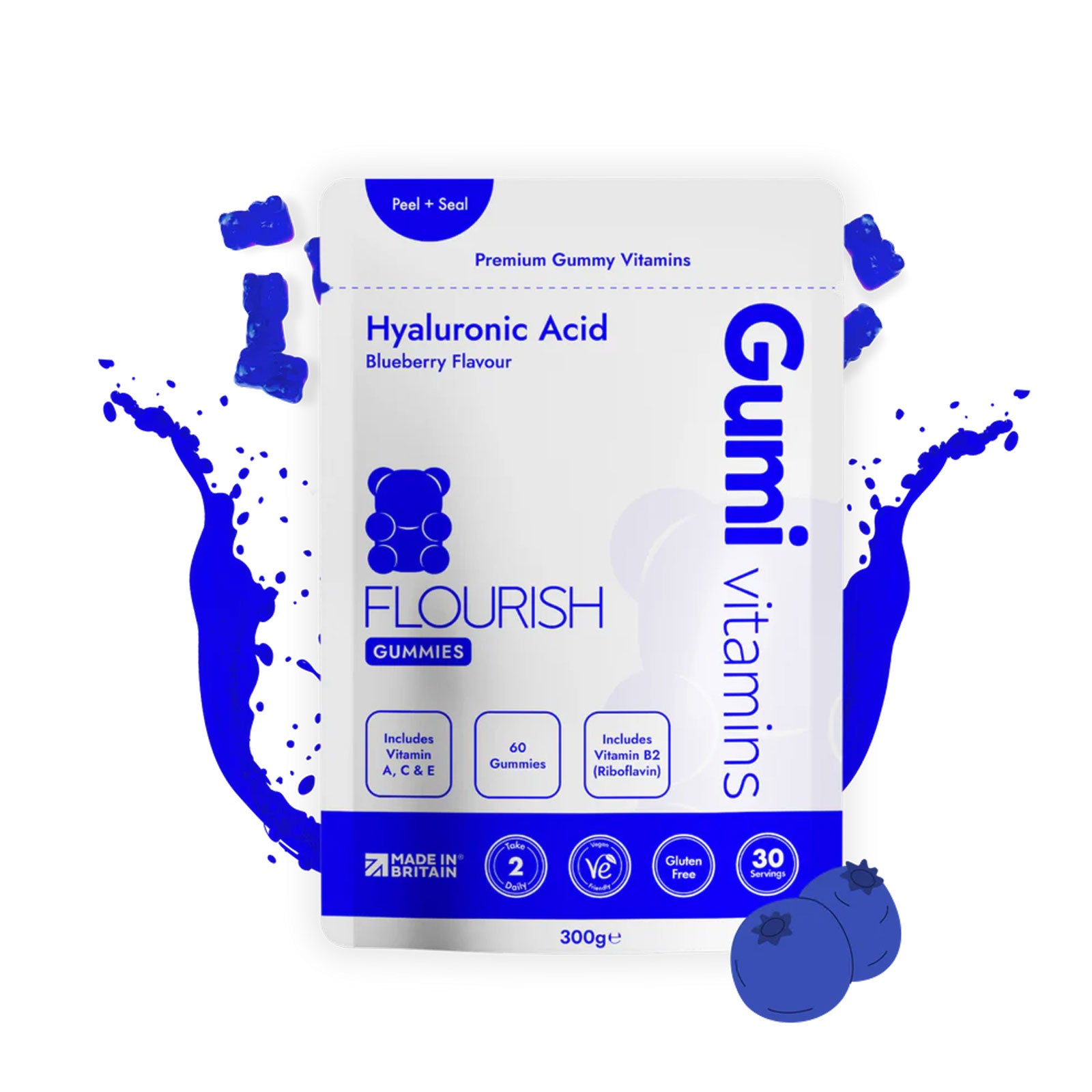 Gumi Vitamins Flourish hyaluronic acid ingredients and benefits information graphic