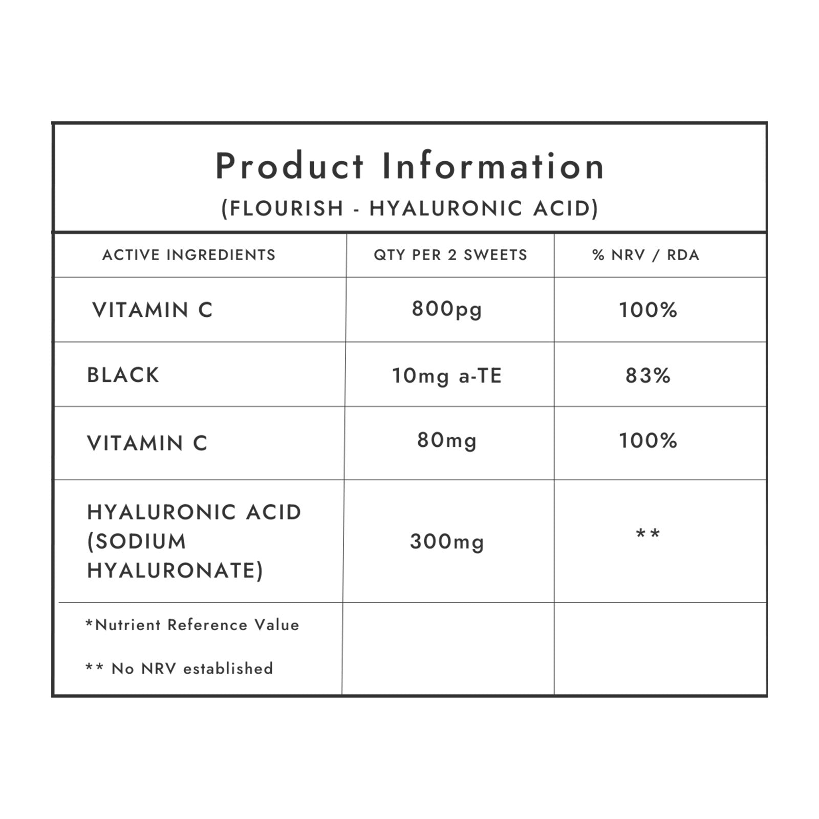 Gumi Vitamins Flourish hyaluronic acid gummies product information graphic